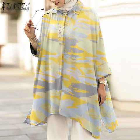 Women Bohemian Tie-dyed Shirt Spring Long Sleeve Muslim Abaya Blouse ZANZEA Vintage Loose Tunic Tops Casual Islamic Clothing - ElitShop