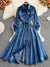Jastie Vintage Embroidery Denim Maxi Dress Women Spring Lapel Pocket Lantern Sleeve Long Vestidos Belt Boho Beach Casual Dresses