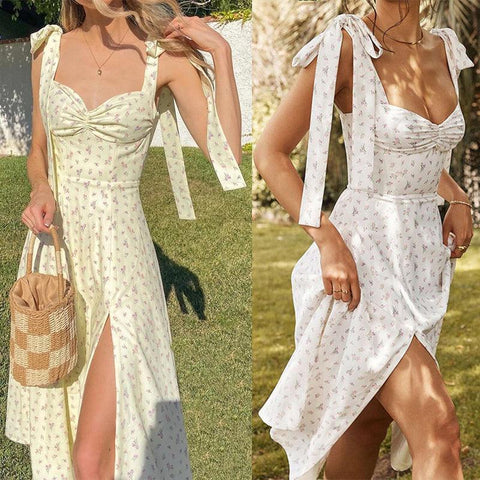 Summer Spring Floral Dress Women&#39;s Sexy Casual Fashion Sundress Midi Slip Backless Pleated Slit White Yellow Lace-up Flowers - ElitShop