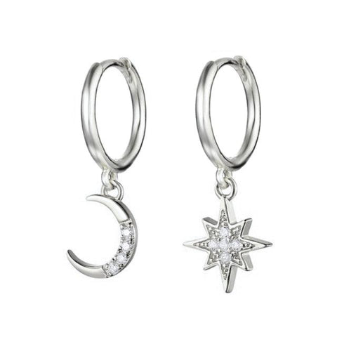 AIDE Pendientes Mujer Huggies Moon Star Earrings For Women 925 Sliver Gold Color Minimalist Asymmetry Hoops Earrings Jewelry - ElitShop