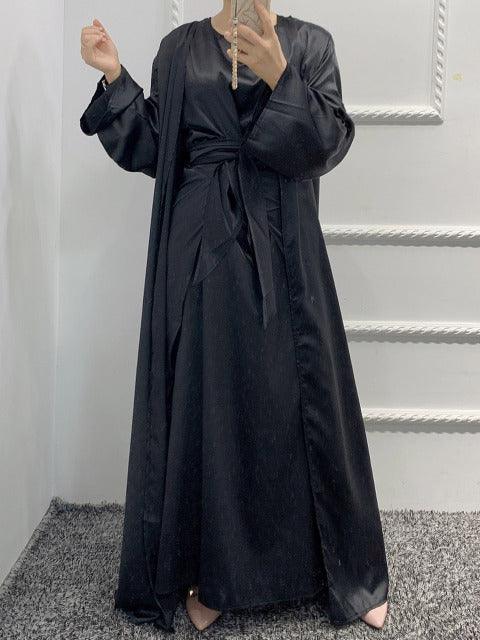 3 Piece Silky Abaya Set Plain Matching Outfit Women Muslim Fashion Dubai Saudi Modesty Open Kimono Long Dress Wrap Skirt Turkey - ElitShop