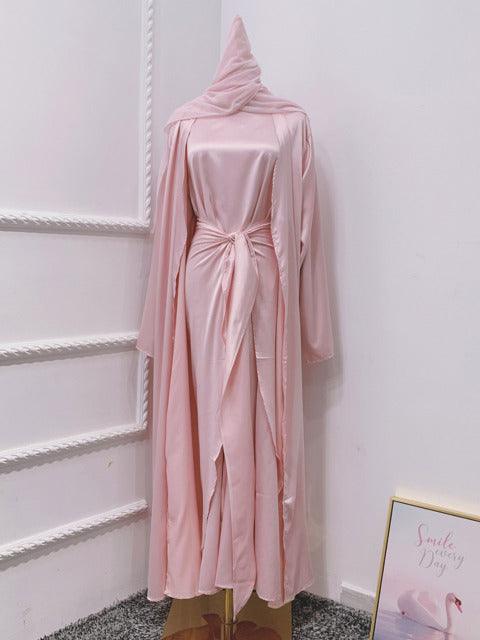 3 Piece Silky Abaya Set Plain Matching Outfit Women Muslim Fashion Dubai Saudi Modesty Open Kimono Long Dress Wrap Skirt Turkey - ElitShop