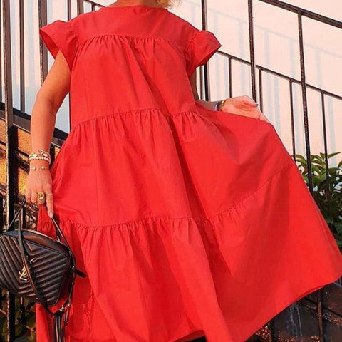 Retro Oversized Patchwork Dress Women&#39;s Elegant O-Neck Ruffle Sleeve Midi Dresses Summer Female A Line Ruffled Sundress Vestidos - ElitShop