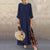 Women Vintage Maxi Dress Summer Solid O Neck Stitching Printed 3/4 Sleeve Side Buttons Dresses Loose Casual Long Dress Plus Size
