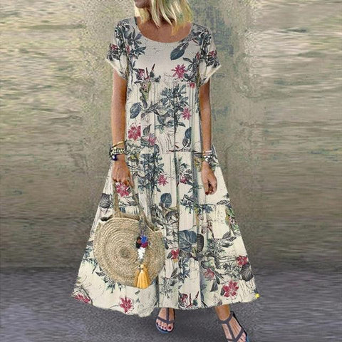 Vintage Floral Long Dress Women Summer Elegant Linen Short Sleeve Boho Maxi Dress Female Holiday Sundress Party Dresses Vestidos - ElitShop