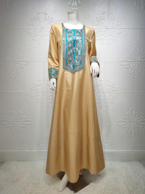 AB123 2022 Muslim Fashion Caftan Dresses Female Robe Long Sleeve Luxurious Turkish Evening Dresses Satin Abaya Golden Embroidery - ElitShop