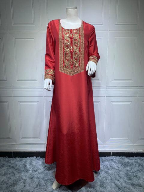 AB123 2022 Muslim Fashion Caftan Dresses Female Robe Long Sleeve Luxurious Turkish Evening Dresses Satin Abaya Golden Embroidery - ElitShop