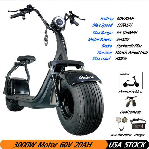 18 Inch Fat Tire Electric Scooter 60V20AH 3000W 55KM/H Max Speed Motor HOODAX Citycoco Adult Electric Motorcycle USA Stock - ElitShop