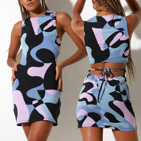 Summer 2022 Sleeveless Women Geometric Pattern Contrast Panel Dress Casual Show Waist Mini Dresses Vestido - ElitShop