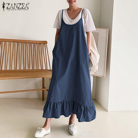 Fashion ZANZEA Women Denim Blue Sundress Summer Vintage Ruffles Casual Straps Solid Midi Vestidos Sarafans Overalls Dress S- - ElitShop