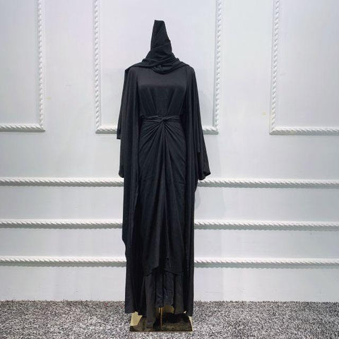 Autumn Women Muslim Sets Modest Matching Outfits 3 Piece Batwing Open Abaya Kimono Long Sleeve Dress Wrap Skirt Dubai Party Eid - ElitShop