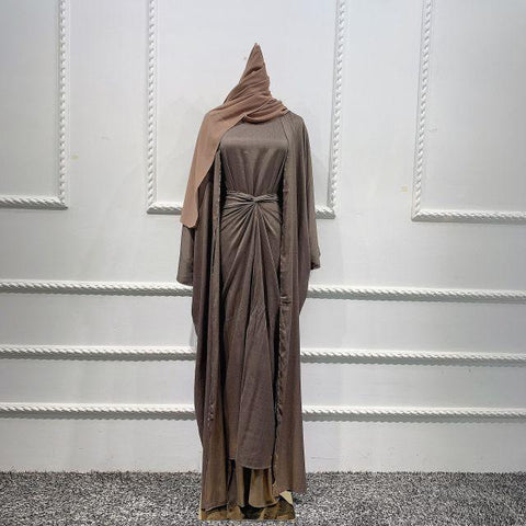 Autumn Women Muslim Sets Modest Matching Outfits 3 Piece Batwing Open Abaya Kimono Long Sleeve Dress Wrap Skirt Dubai Party Eid - ElitShop