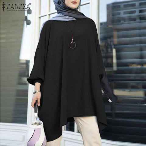 Muslim Solid Tops Women Fashion Muslim Blouse Casual Full Sleeve Abaya 2022 Irregular Hem Shirt Retro Baggy Blouse Top Oversized - ElitShop