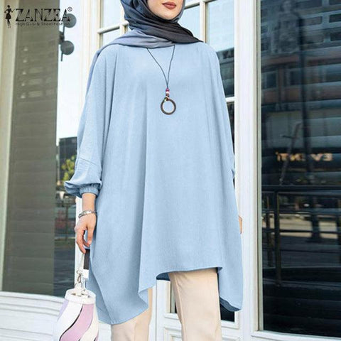 Muslim Solid Tops Women Fashion Muslim Blouse Casual Full Sleeve Abaya 2022 Irregular Hem Shirt Retro Baggy Blouse Top Oversized - ElitShop