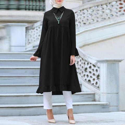 Vintage Tops Blouse ZANZEA Women Spring Muslim DubaiAbaya Jilbab Ruffles Hem Turkish Robe Shirt Solid Islam Clothing Kftan Tops - ElitShop