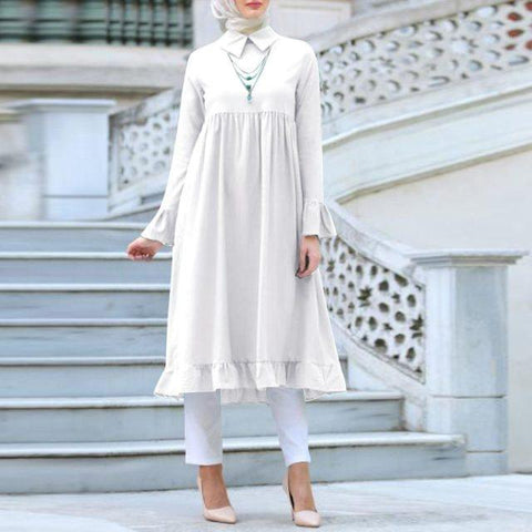 Vintage Tops Blouse ZANZEA Women Spring Muslim DubaiAbaya Jilbab Ruffles Hem Turkish Robe Shirt Solid Islam Clothing Kftan Tops - ElitShop