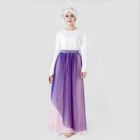 Fake two pieces Rainbow gradient pleated muslim skirt female stretch knit pleated skirt full length muslim skirt F1903 wholesale - ElitShop