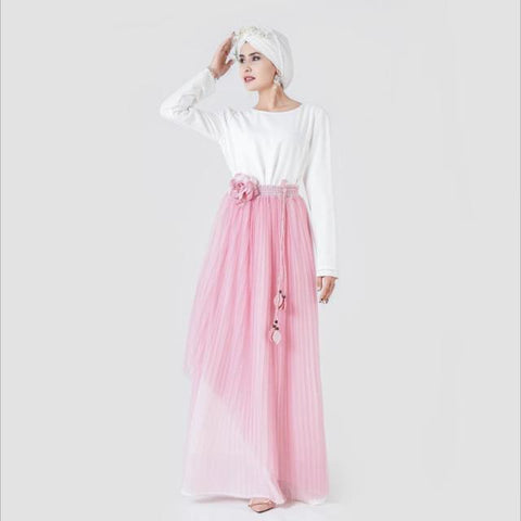 Fake two pieces Rainbow gradient pleated muslim skirt female stretch knit pleated skirt full length muslim skirt F1903 wholesale - ElitShop