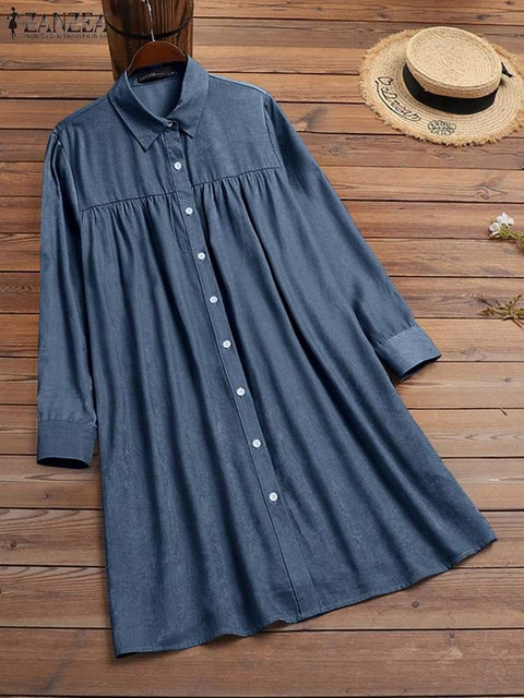 2022 ZANZEA Vintage Solid Knee Robe Women&#39;s Long Sleeve Vestidos Spring Autumn Denim Blue Dress Casual Shirt Sundress Oversized - ElitShop