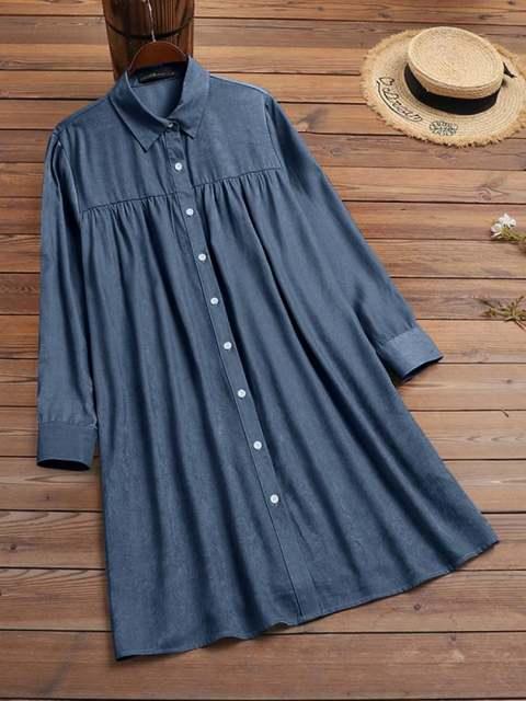 2022 ZANZEA Vintage Solid Knee Robe Women&#39;s Long Sleeve Vestidos Spring Autumn Denim Blue Dress Casual Shirt Sundress Oversized - ElitShop