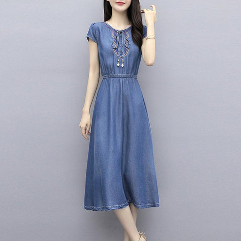 Blue Elastic High Waist Embroidery Lace-Up Denim Dress Summer Short Seeve Mid-Length Denim Dress Vintage Women&#39;s Dresses - ElitShop