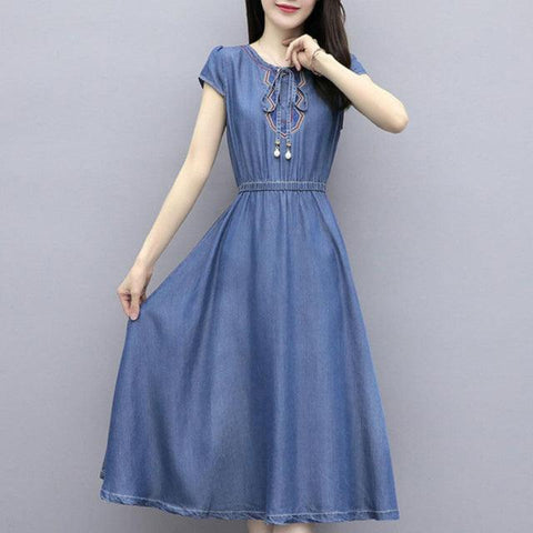 Blue Elastic High Waist Embroidery Lace-Up Denim Dress Summer Short Seeve Mid-Length Denim Dress Vintage Women&#39;s Dresses - ElitShop