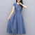 Blue Elastic High Waist Embroidery Lace-Up Denim Dress Summer Short Seeve Mid-Length Denim Dress Vintage Women&#39;s Dresses