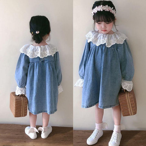 Denim Dress for Baby Kids Girl Casual Cotton Full Sleeve Dresses Children Solid Patchwork Jean Dress for Toddler Kids Clothing - ElitShop