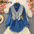 2021 New Spring Autumn Vintage turn down collar long sleeve Dress knitted patchwork high waist short fake two piece denim Dress