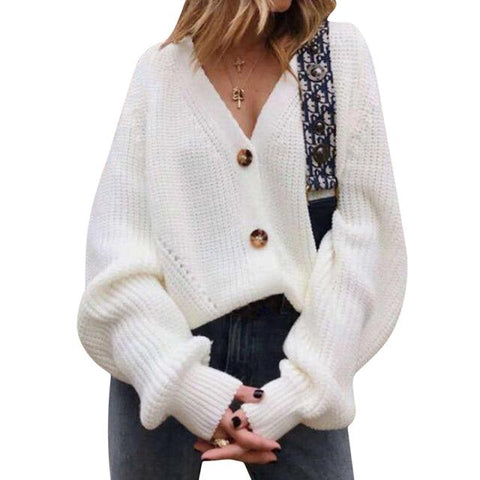 Women Solid Casual Sweater Oversize V Neck Knitted Cardigans 2020 Autumn Warm Lantern Sleeve Single Row Button Female Coats - ElitShop