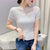 Knitted Mesh Strip Stitching Diamonds Hollow Out Summer Office Lady Grace Knitwear Thin Short Sleeve Sexy Women Slim Top Blue