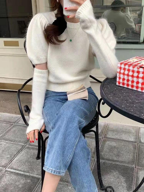 2022 Spring Knitted Sweater Women Casual Design short Sleeve With Arm sleeve Pure Color Slim O-Neck Pullover Crop Tops HT11 - ElitShop