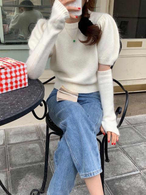 2022 Spring Knitted Sweater Women Casual Design short Sleeve With Arm sleeve Pure Color Slim O-Neck Pullover Crop Tops HT11 - ElitShop