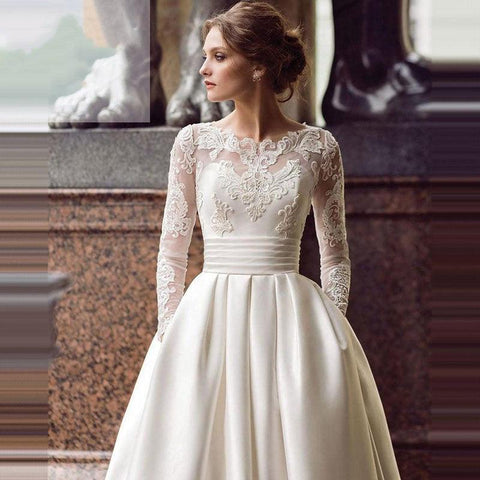 Lace Appliques Wedding Dress For Brides O- Neck Long Sleeves Vintage Satin Bridal Gown Customize Robe Mariee For Women Elegan - ElitShop