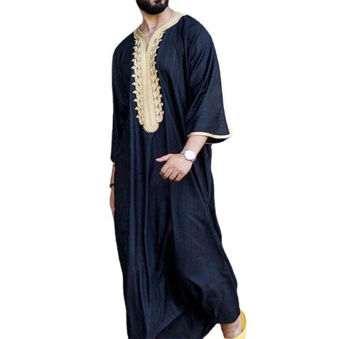 2022 New Muslim Men Long Sleeve Islamic Arab Shirt Embroidery V-Neck Abaya Caftan Robe - ElitShop