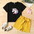 PatPat 2-piece Kid Girl Unicorn Print Short-sleeve Black Tee and Belted Paperbag Shorts Set