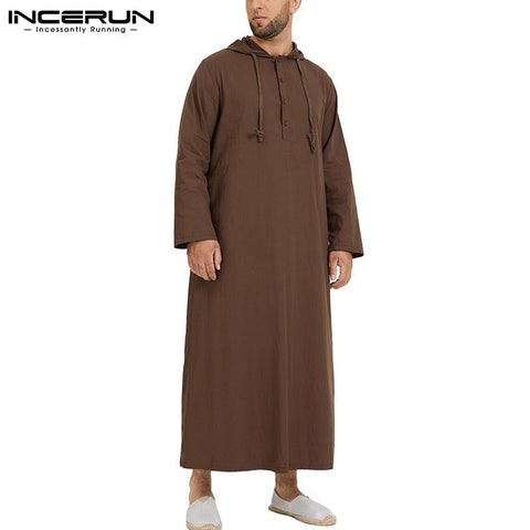 INCERUN 2022 Men Islamic Arab Muslim Kaftan Thobe Long Sleeve Hooded Robes Saudi Arabia Dubai Jubba Thobe Men Muslim Clothes 5XL - ElitShop