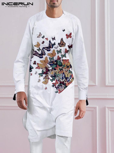 2022 Men Muslim Jubba Thobe Print O-neck Long Sleeve Islamic Kaftan Dubai Saudi Arabia Fashion Casual Men Caftan Abaya INCERUN - ElitShop