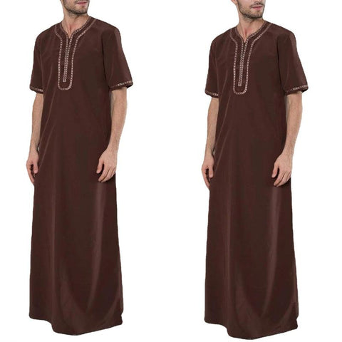 Muslim Dresses for Mens Solid Color Half Sleeve Dubai Shirt Kaftan Thobe Robe Gown Straight Leisure Race Style Clothing T8NB - ElitShop