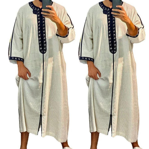 Fashion Striped Men Ethnic Style Shirt Ramadan Gown Moroccan Robe Long Thobe - ElitShop