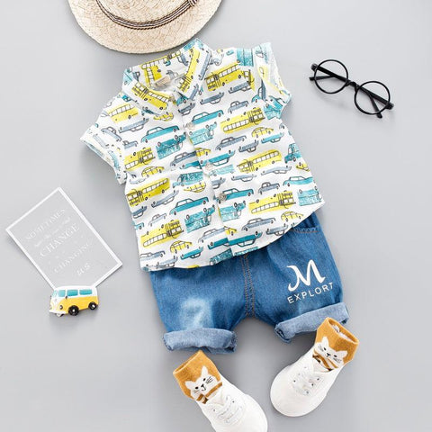 New Summer Toddler Boy Shirt Clothing Set Car Print Short Sleeve Shirts +Jeans For Baby Boys Suit For Kids Clothes - ElitShop