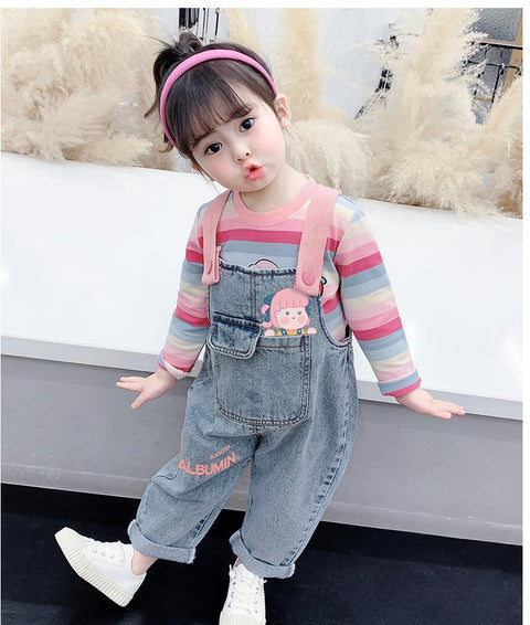 Girls&#39; striped long-sleeved T-shirt and overalls - ElitShop