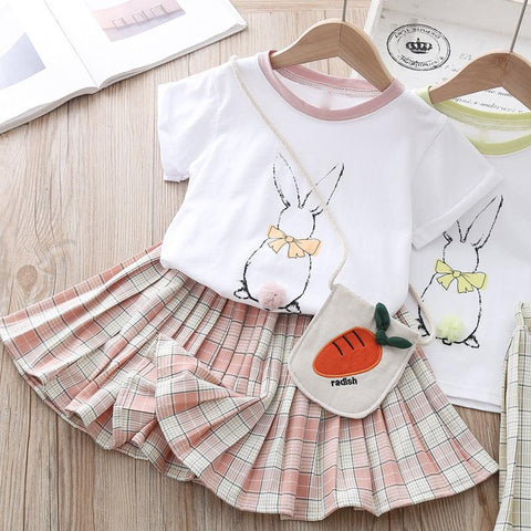 Kids Girls Clothes Sets 2022 Summer Cartoon Rabbit Printing Short Sleeve t shirt+plaid Skirt+bag 3piece Children&#39;s Clothing Suit - ElitShop