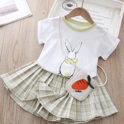Kids Girls Clothes Sets 2022 Summer Cartoon Rabbit Printing Short Sleeve t shirt+plaid Skirt+bag 3piece Children&#39;s Clothing Suit - ElitShop