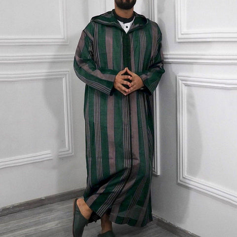 Muslim Men Long Sleeve Striped Hooded Breathable Robes 2022 Men Robe Loose Dubai Saudi Arab Kaftan Men Clothes - ElitShop
