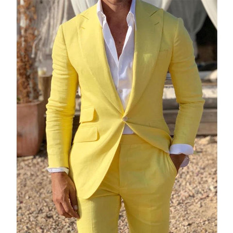 Yellow Linen Beach Men Suits Slim Fit 2 Piece Wedding Groom Tuxedo with Peaked Lapel Male Fashion Costume Blazer with Pants - ElitShop