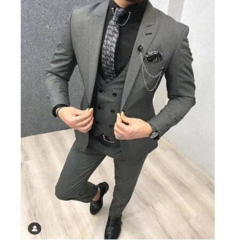 Shiny Korea Satin Gray Applique Groom Tuxedos Groomsmen Men&#39;s Wedding Prom Suits (Jacket+Pants+Vest) - ElitShop