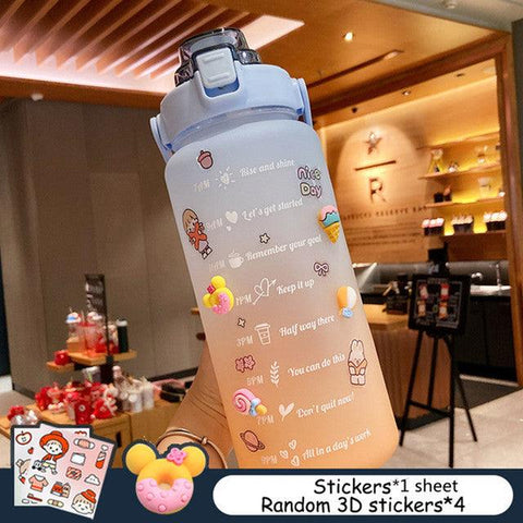 2L Portable Large-Capacity Water Bottle Time Marker Leak-Proof BPA Frosted Cup For Outdoor Sports Drinking Bottle With Straw - ElitShop