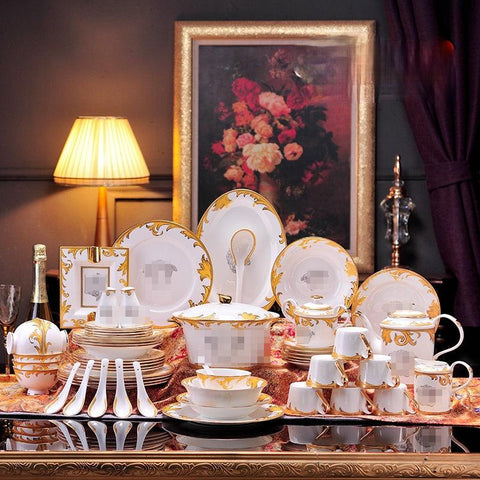 European-Style Bone China Tableware Suit Gold Trim Cutlery Tray Bowl Dish Western Restaurant Porcelain Table Decoration Gift - ElitShop