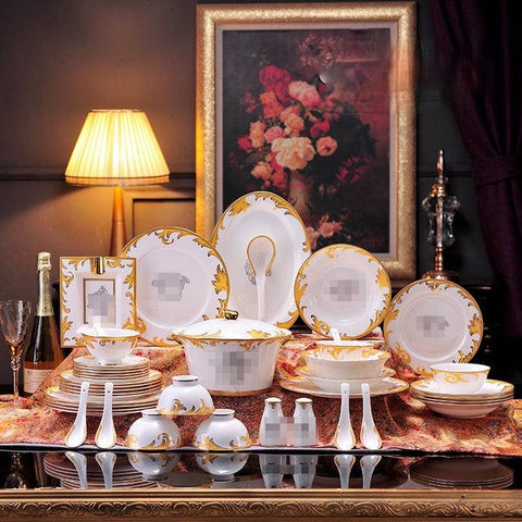 European-Style Bone China Tableware Suit Gold Trim Cutlery Tray Bowl Dish Western Restaurant Porcelain Table Decoration Gift - ElitShop
